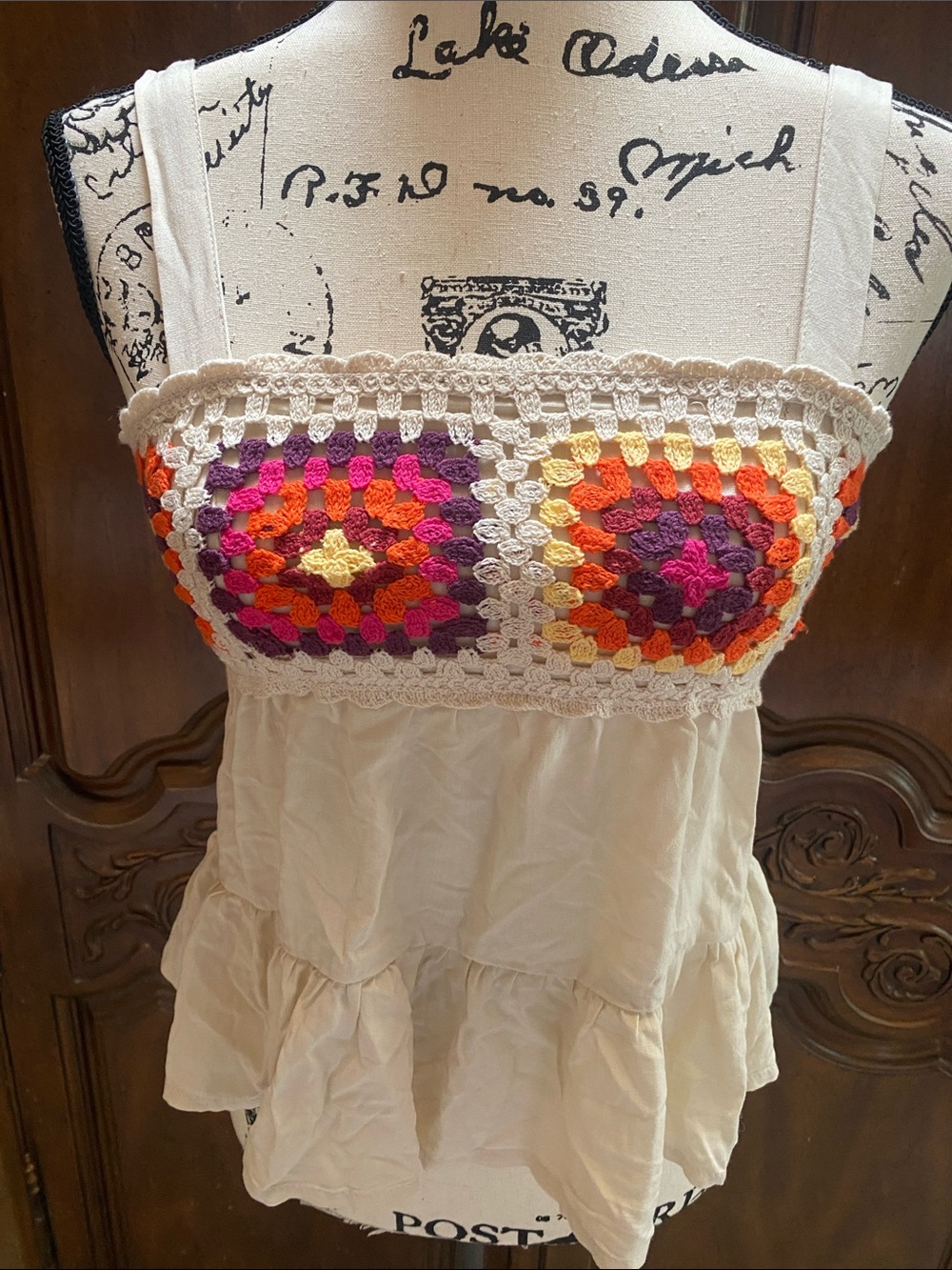 SO Cream Crochet Bustier Camisole with Multicolor Granny Squares